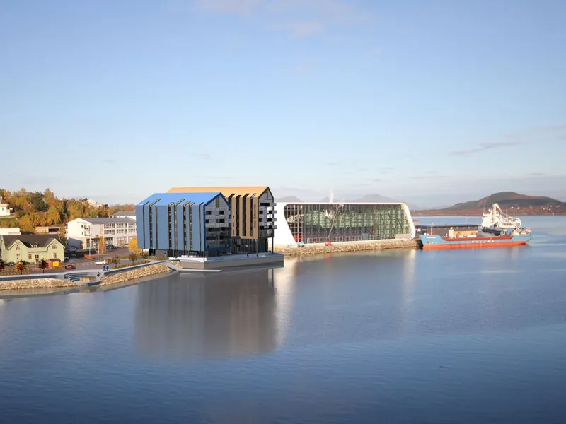 Quality Hotel Richard With får beliggenhet rett ved Hurtigrutemuseet på kaia i Stokmarknes. Illustrasjon: Arkitekene VIS-A-VIS