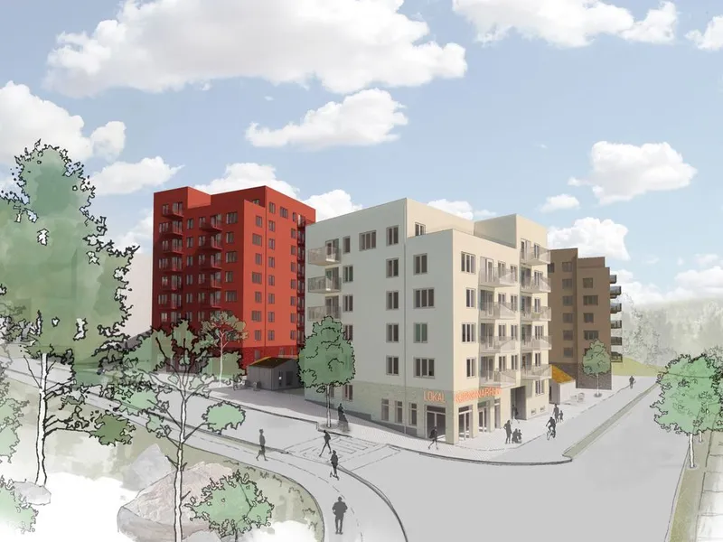 I tråd med Miljöbyggnad sølv bygges de første boligblokkene i Råby i Västerås med solcellepaneler på takene for produksjon av egen elektrisitet.
Illustrasjon: Tovatt Architects & Planners / Sweco Architects