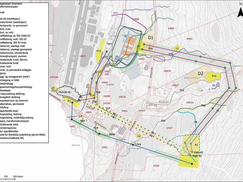 Detaljplankart Onarheim transformatorstasjon, henta frå konsesjonssøknaden til NVE. 