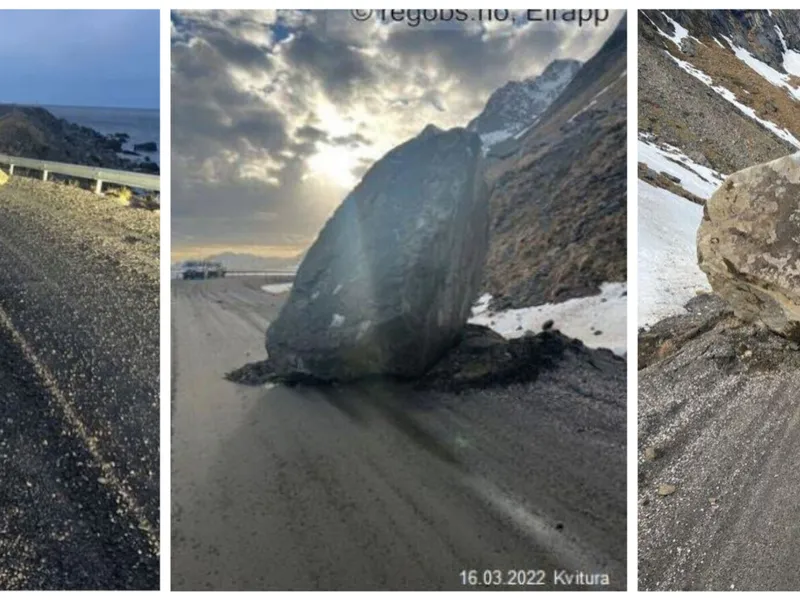 Bilder fra Nordland fylkeskommune fra noen av mange steiner som har havnet på fylksveien de siste årene..
