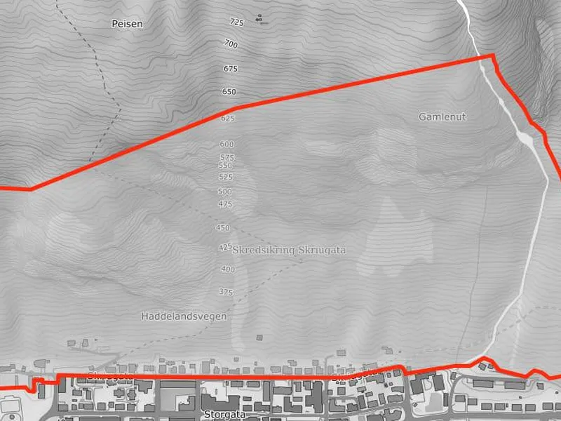 Utsnitt av et kart over Rjukan som viser hvor de skal starte skredsikring.
