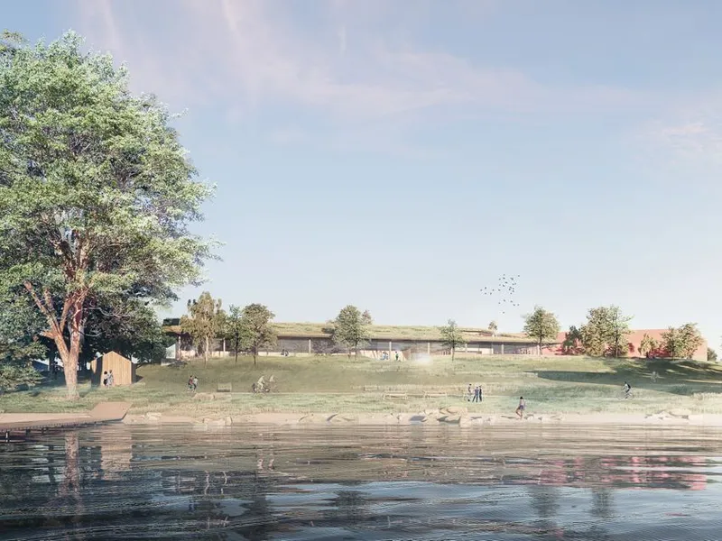 Nytt museumsbygg på Domkirkeodden i Hamar er tegnet av arkitektene i Atelier Lorentzen Langkilde fra København. Illustrasjon: Atelier Lorentzen Langkilde.