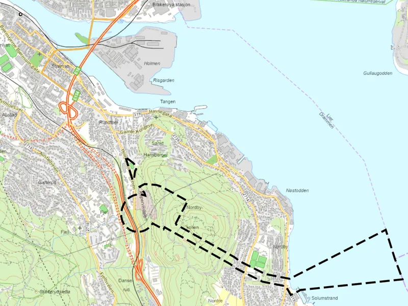 Kart over Kobbervikdalen/Nordbykollen og Solumstrand
