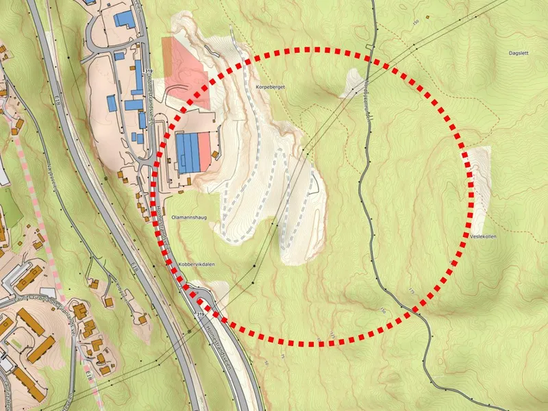 Kart over Nordbykollen. Rød ring markerer berørt område.