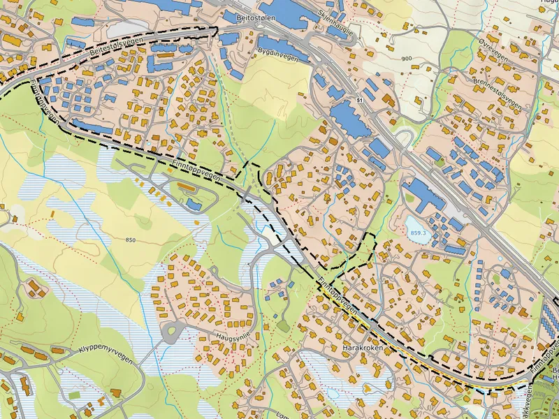Kartutsnitt der sort linje syner forslag til områdeavgrensing. - Klikk for stort bilete