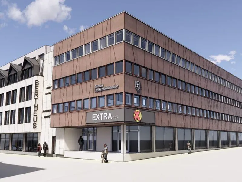 Illustrasjon av ny fasade i Fjordgate 5 i Harstad. Arbeidene ferdigstilles våren 2026.