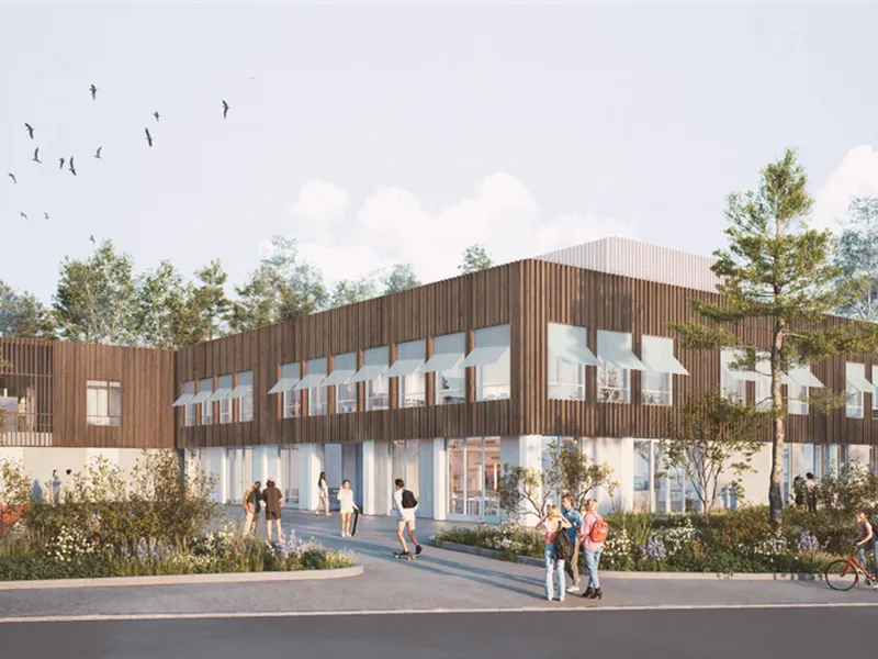 Skisse. Illustrasjonsbilde av skolebygget - Klikk for stort bilde