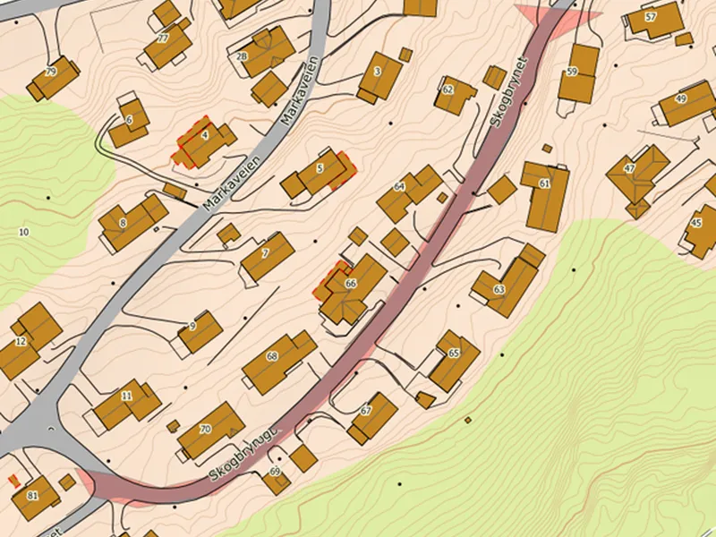 Kart som viser del av et bilogfekt med hus og gater.  - Klikk for stort bilde