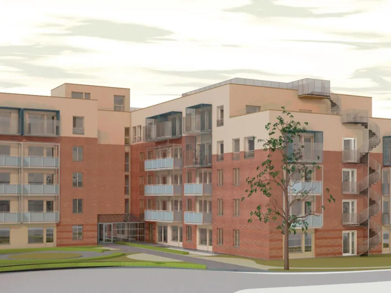 Veidekke skal rehabilitere 80 leiligheter i to bygg og bygge 29 nye leiligheter på Smestad i Oslo.. Illustrasjon: Veidekke