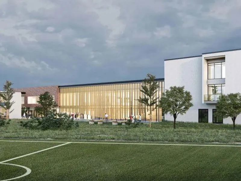 Tegning av nyrehabilitert skole sett på avstand
