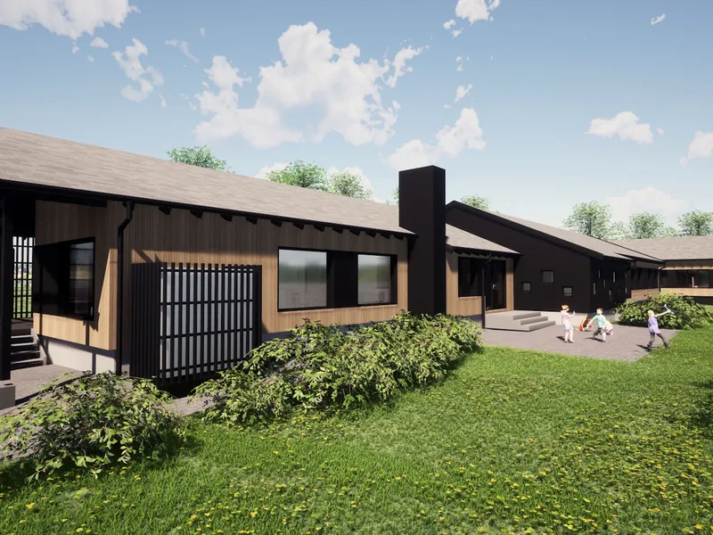 Illustrasjon av barneverninstitusjon på Kurland slik arkitekten ser det ferdig