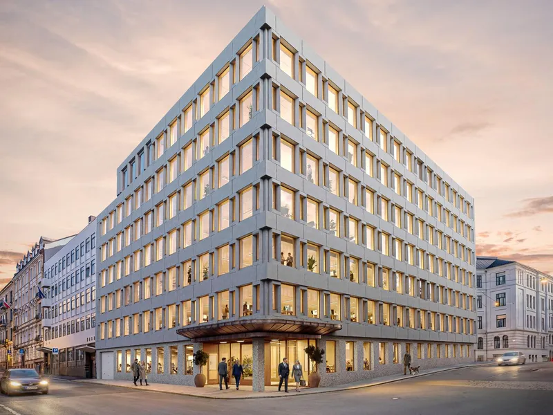Strøm Gundersen, et selskap i AF Gruppen, har inngått kontrakt med Linstow for rehabilitering, tilbygg og påbygg på kontorbygget Kronprinsens gate 9 i Oslo. Illustrasjon: Linstow.