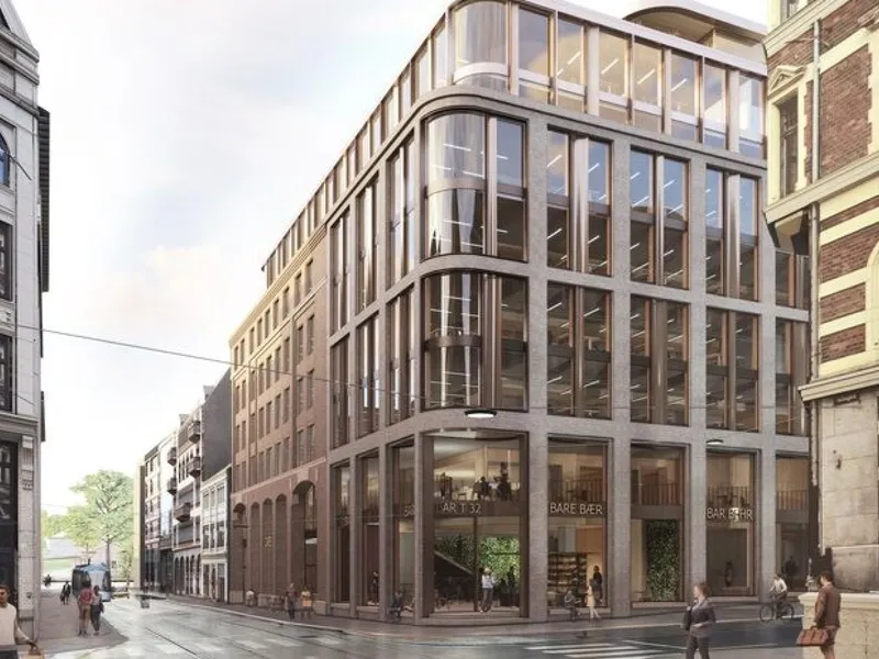 Akersgata 13-15 / Tollbugata 32 i Oslo, slik det vil se ut når det står ferdig ombygget i 2026. Ilklustrasjon: Lund+Slaato Arkitekter.