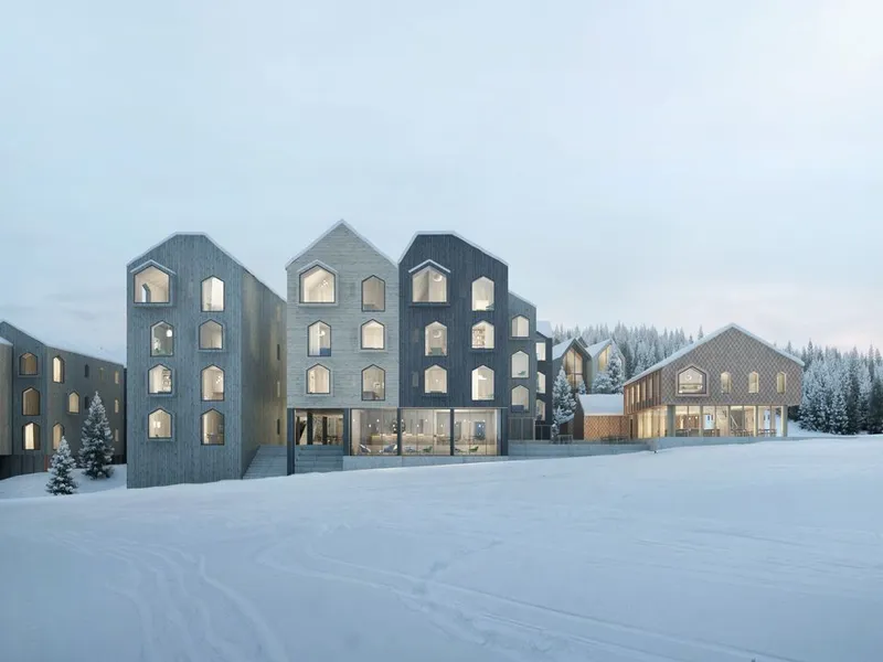 UNIK ARKITEKTUR: Favn skiller seg helt klart ut. Dette er illustrasjonstegninger på hvordan det vil se ut ved ferdigstillelse. FOTO: Favn Hafjell.