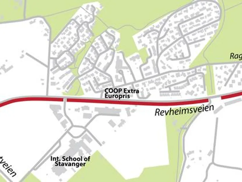 Kart over strekningen der vi graver langs Revheimsveien.
