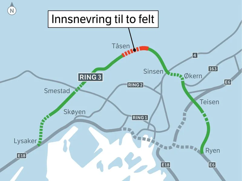 Kart Oslo med plassering av hvor Ring 3 innsnevres.