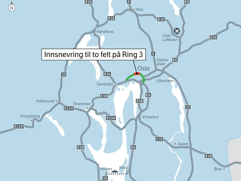 Kart i større skala som viser Oslo og omland med plassering av innsnevringen på Ring 3.