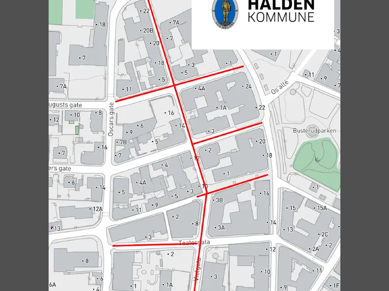 Kart over nordsiden av Halden sentrum med røde streker som viser hvilke gater det skal graves i.  - Klikk for stort bilde