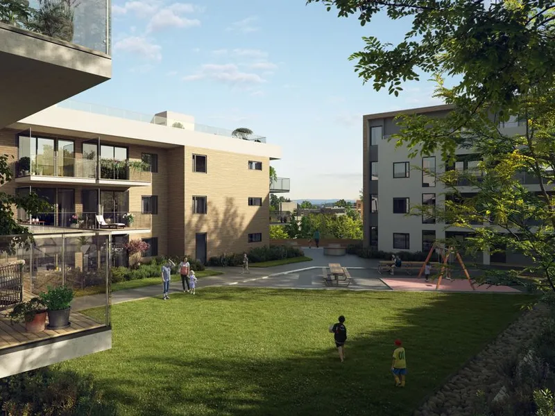 På Rings Hus danner byggene  en ramme rundt en frodig bakhage. Her blir det store balkonger, felles takterrasser, mulighet for garasjeplass og noen leiligheter med privat takterrasse. Illustrasjon: Eve Images.