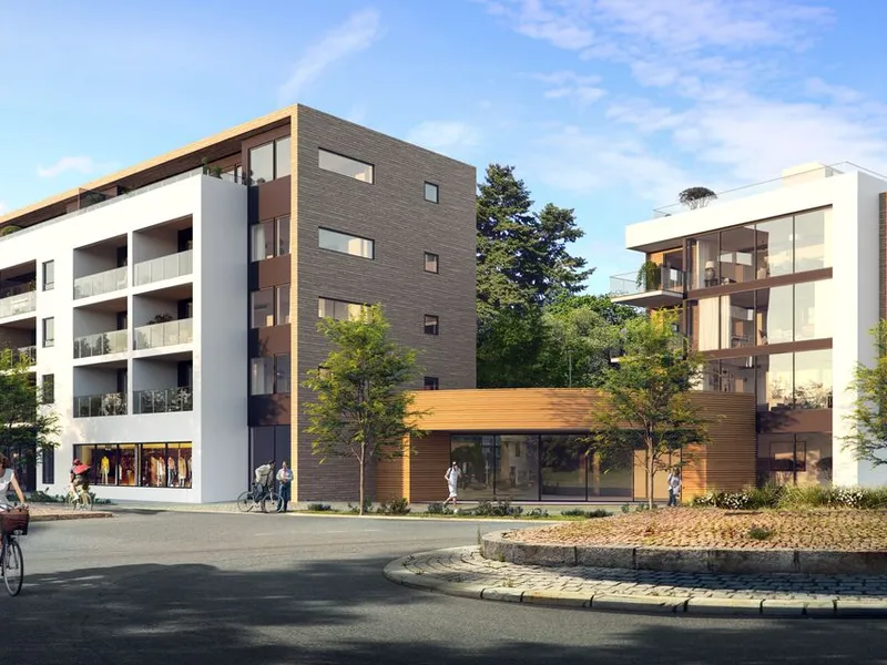 Det er fortsatt ledige leiligheter igjen på Rings Hus på Bekkestua. Leilighetene er fordelt på to bygninger hvor det blir handel i 1. etasje. Illustrasjon: Eve Images.