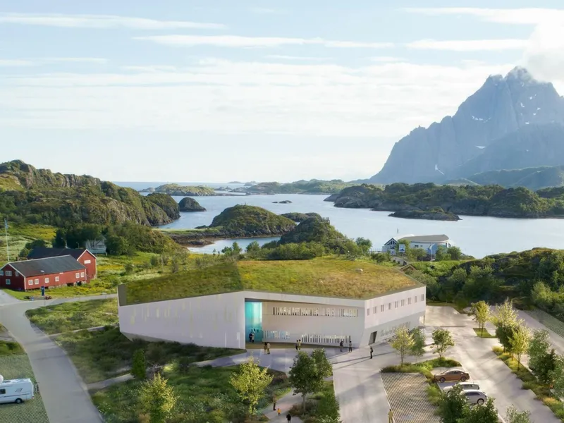SKREI vil bestå av Otolitten (i midten), Lofotmuseet (til venstre) og Galleri Espolin og Lofotakvariet (til høyre).. Illustrasjon: LPO arkitekter