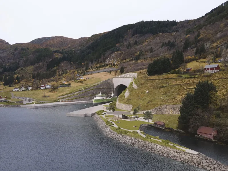 Rivingsarbeidet skal etter planen starte i midten av oktober og vere avslutta innan utgangen av året. Særleg her i Kjøde vil det vere mykje anleggsaktivitet. Illustrasjon: Kystverket/Multiconsult/Link Arkitektur.