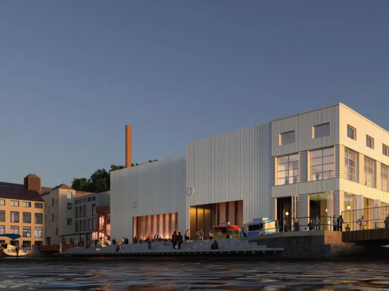 Perspektivet viser Kjødehallene oppgradert og ny gangbro over Dikkedokken. Illustrasjon fra plandokumentene: Vill Arkitektur.