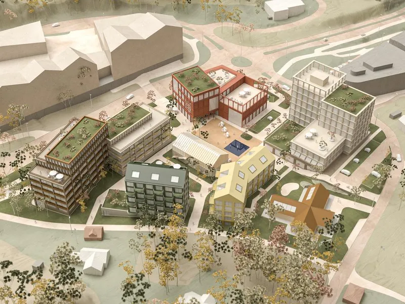 Oversiktsbilde av boliger og næring i et tun. Illustrasjon 