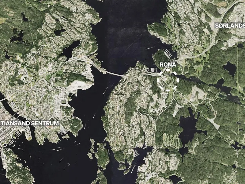 Satelittbilde som viser Ronas beliggenhet ifht Kristiansand. Satelittbilde 