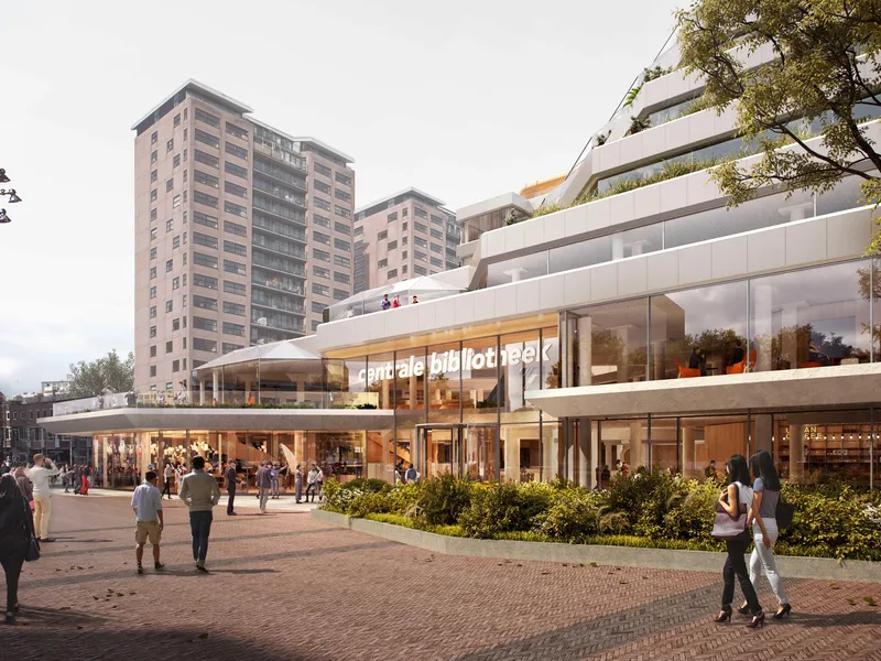 Render av 3D modellert bibliotek satt inn i kontekst. Illustrasjon.