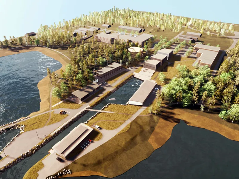 Slik ser arkitektene for seg hele det nye senteret med de eksisterende bygningen til høyre.