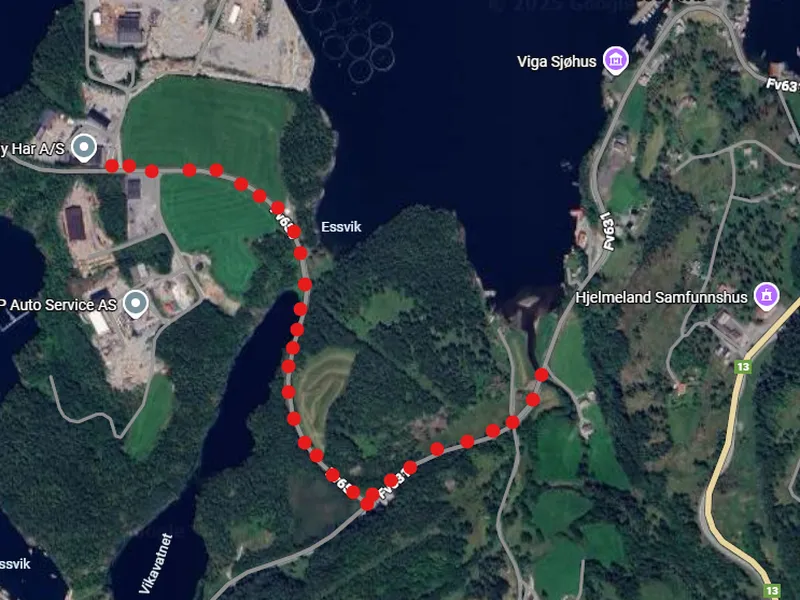 Kart som viser at vegen mellom Viganeset og Viga bru - Klikk for stort bilete