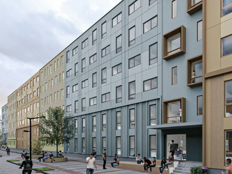 Studentsamskipnaden Sammen har fått godkjent rammetillatelsen for å bygge 274 studenthybler på Laksevåg i Bergen. Illustrasjon: Forum arkitekter.