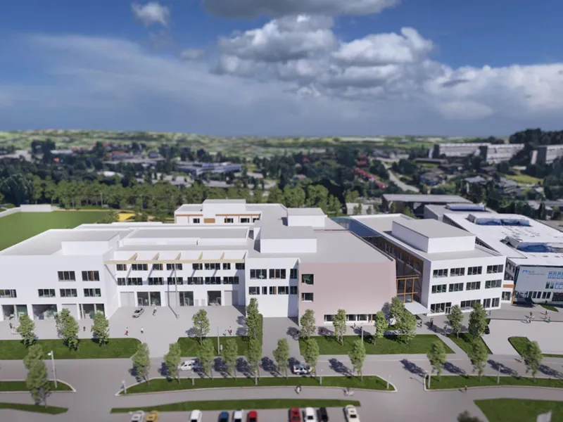 Skisseprosjektet for nytt bygg for Rud videregående skole er klart. Illustrasjon: LINK Arkitektur.