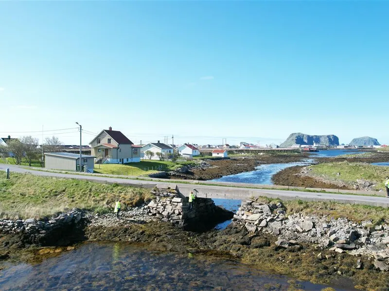 Veg og kort bru ved sjø. Bolighus. Sommer. Foto. - Klikk for stort bilde