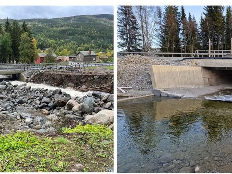 Bildekombinasjon av bilde fra begynnelsen av august 2023 og bilde fra nå-situasjonen som illustrerer både skadene og omfanget av arbeidene som er gjort og hvor mye bedre brua og elveløpet nå er sikret mot fremtidig uværssituasjoner.