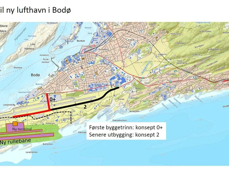 Oversiktskart som viser anbefalt veg til Bodøs nye lufthavn. Midlertidig trase i rødt og permanent løsning i svart. Illustrasjon: Statens vegvesen 