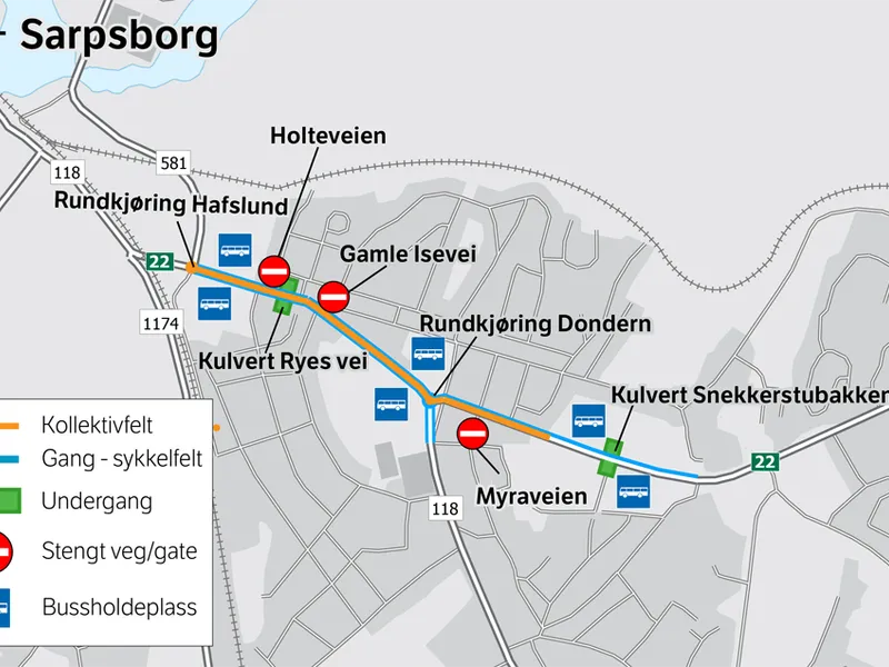 Kartillustrasjon som viser hva som planlegges bygget i prosjektet rv. 22 Hafslund-Dondern. foto.