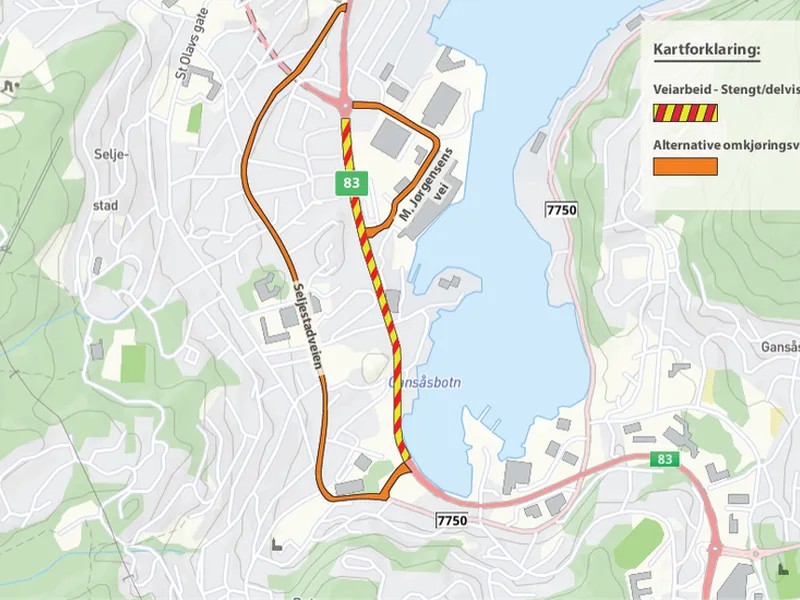 Kart som viser hvilken del av rv.83 som skal stenges, og mulige omkjøringsruter om Margrethe Jørgensens vei og Seljestadveien. Illustrasjon: Statens vegvesen