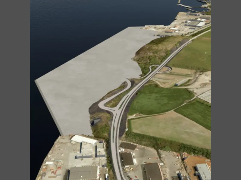 Illustrasjon av fremtidig næringsområde ved Mekjarvik. Utfyllingen binder sammen to allerede eksisterende næringsområder, ifølge Statsforvalteren. Illustrasjon: Statens vegvesen