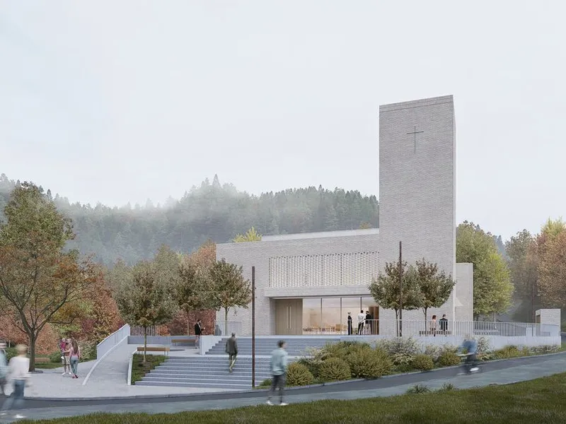 Juryen har lagt vekt på  at vinnerutkastet har et flott arkitektonisk uttrykk og et inkluderende inngangsparti. Illustrasjon: Peab/Monolot