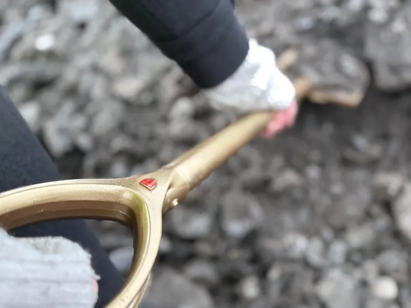 Hender holder en gullmalt spade.