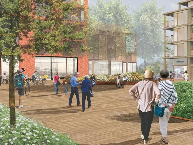Saltrødtorget er "origo" i prosjektgruppas forslag – sentralt plassert, solrikt og lett tilgjengelig. Illustrasjon: Arkitema
