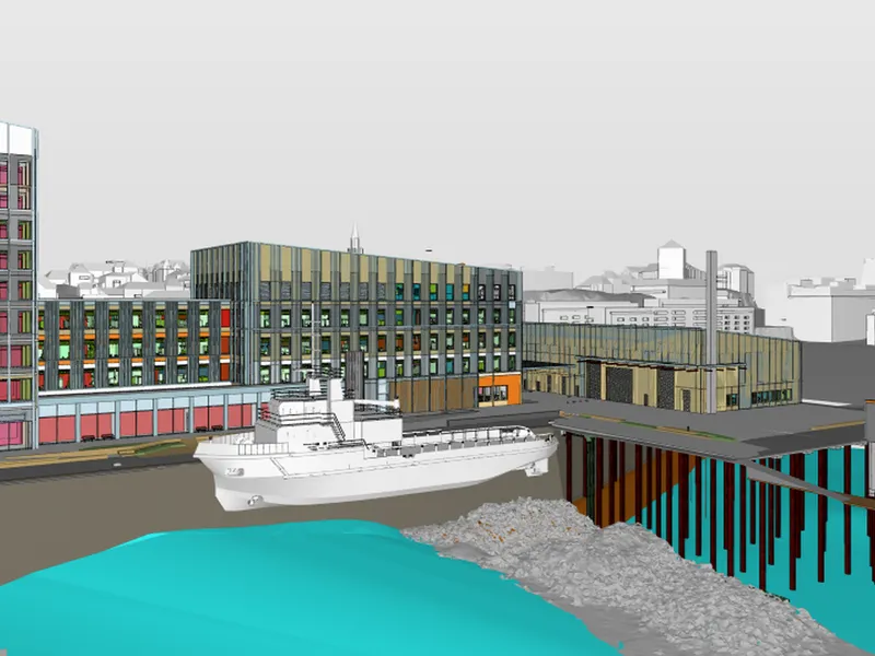 Illustrasjon av nybygget som skal samlokalisere Havforskningsinstituttet og Fiskeridirektoratet på Dokken i Bergen