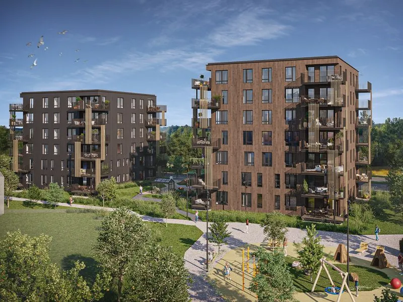 Første byggetrinn på Sandefjord Hageby er starten på en større helhetlig utbygging i området. Peab Eiendomsutvikling planlegger å svanemerke alle boligene i prosjektet. Arkitekt: KB arkitekter / Illustrasjon: Rift