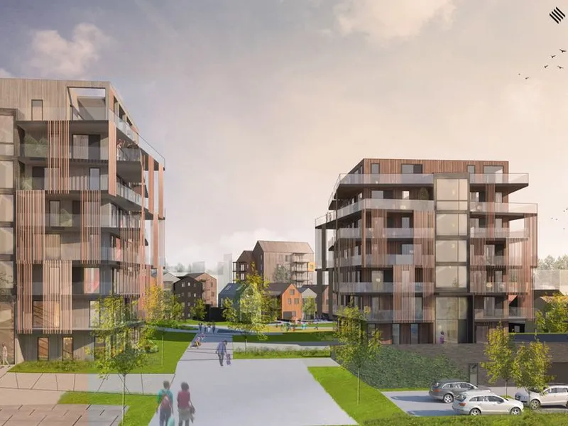 Sandefjord Hageby får beliggenhet i landlige og naturskjønne omgivelser, og er samtidig sentrumsnært. Her planlegger Peab Eiendomsutvikling morgendagens boliger – og fremtidens by - ved å spille på lag med naturen. Illustrasjon: KB arkitekter