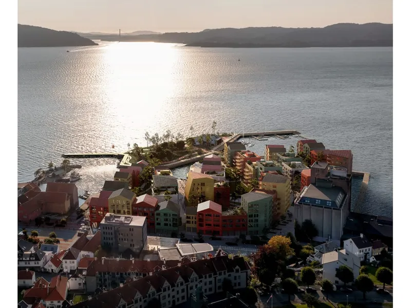Illustrasjon av boligprosjektet Kristiansholm i solnedgang.