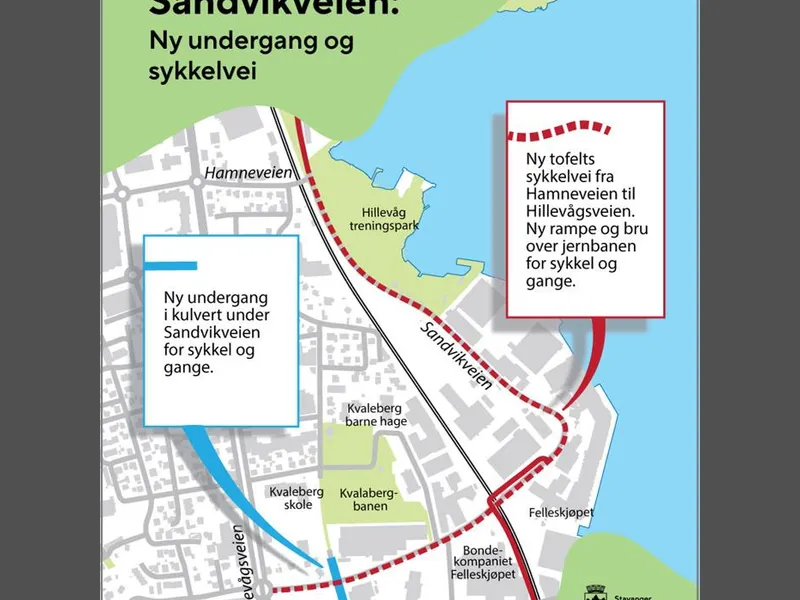 Kart som viser hvor det bygges henholdsvis kulvert og sykkelvei i Sandvikveien