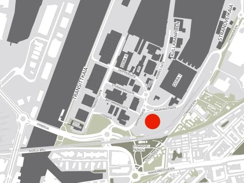 Kart over området med markering av hvor det nye hotellet kommer.