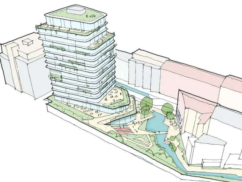 Arkitekttegning av hotell og park.